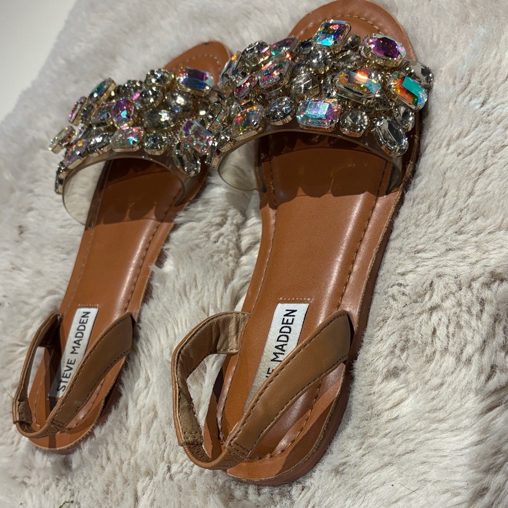 Steve Madden Tan Jeweled Slingback Sandals with Multicolor Crystals - Picture 3 of 4